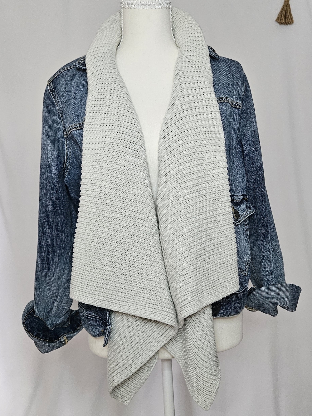 Abercrombie & Fitch Denim Jacket Waterfall Knit Cardigan Size L Boho